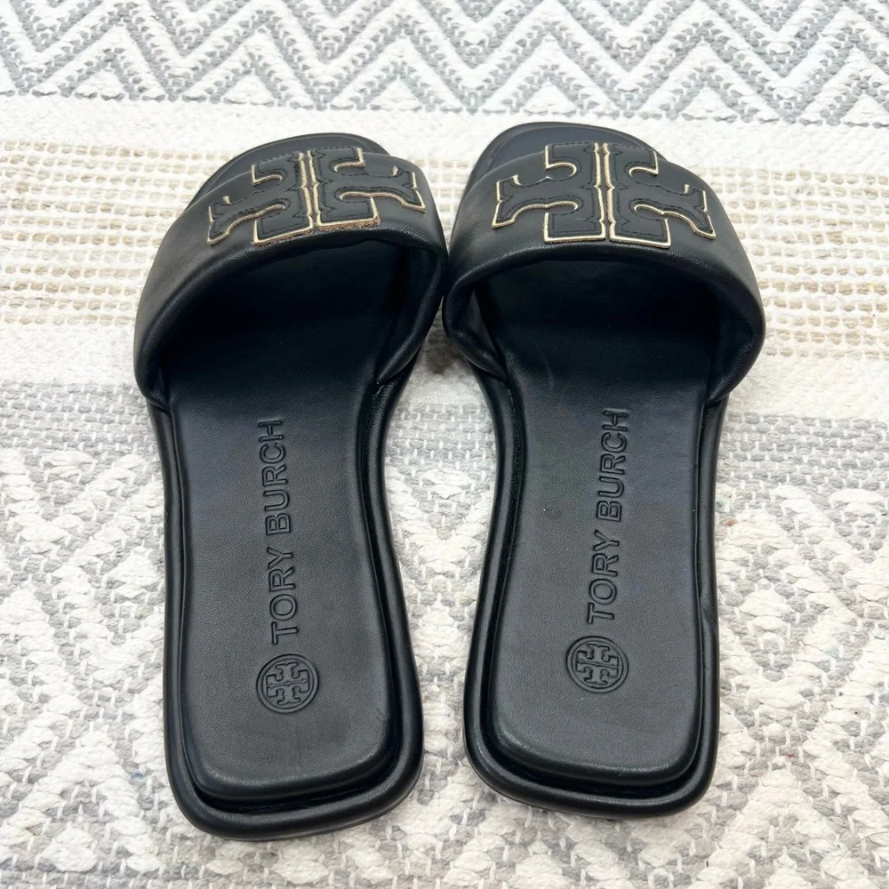Tory Burch Black Sandals with Gold Accents - Picture 4 of 7